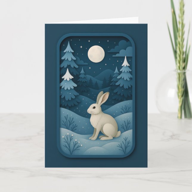 Cartão Moonlit Rabbit in Snowy Forest Card (Frente)