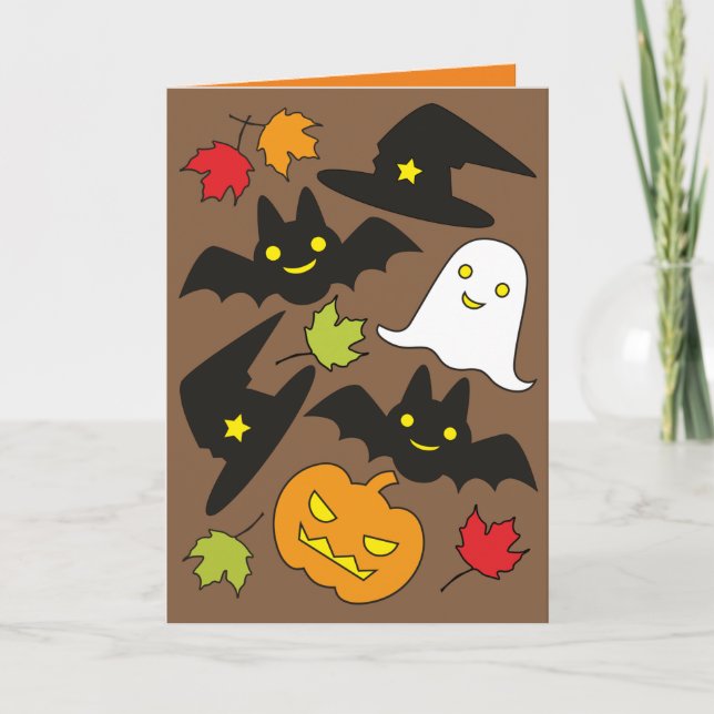 Cartão Morcegos Divertidos Fantasma Chapéu & Abóbora de H (Frente)