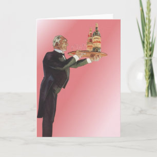 Cartão Mordomo Vintage em um Tuxedo servindo vinho na ban