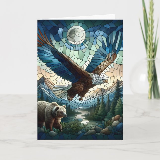 Cartão Mosaic Bear and Eagle in the Mountains Ai Art (Frente)