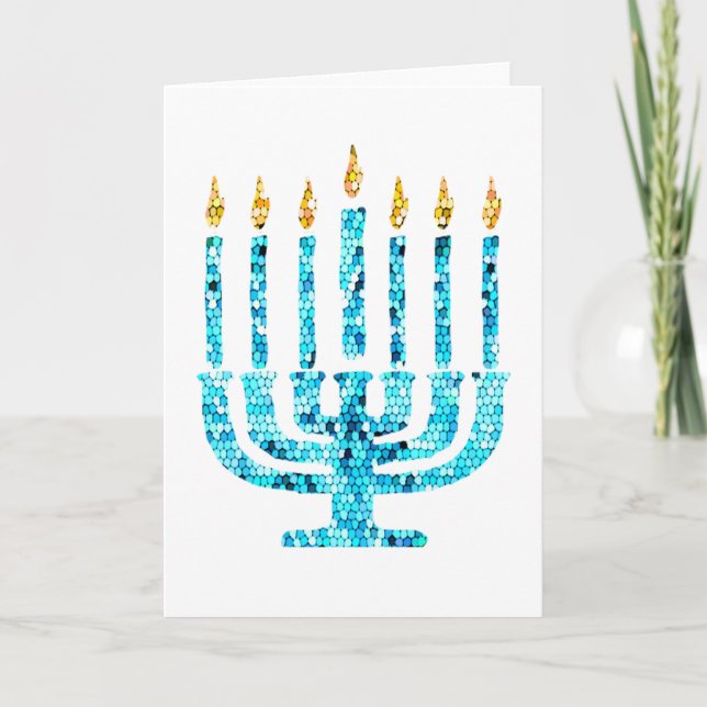 Cartão Mosaic Menorah Blue Hanukkah Lights Jewish Faith (Frente)