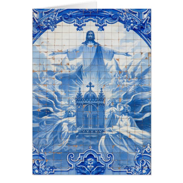 Cartão Mosaico azulejo azul de Jesus, Portugal (Frente)