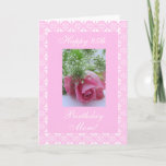 Cartão Mother's birthday rose<br><div class="desc">Greeting card for mom's 85th birthday with lace frame and foto of pansies on purple / lavender background. Personalize your message! Tarjeta postal en ingles con una foto de florecitas para el crumples de uma mama! Personalize su mensaje! (puede replazar el texto escrito) Greeting card in Spanish for mother's day...</div>