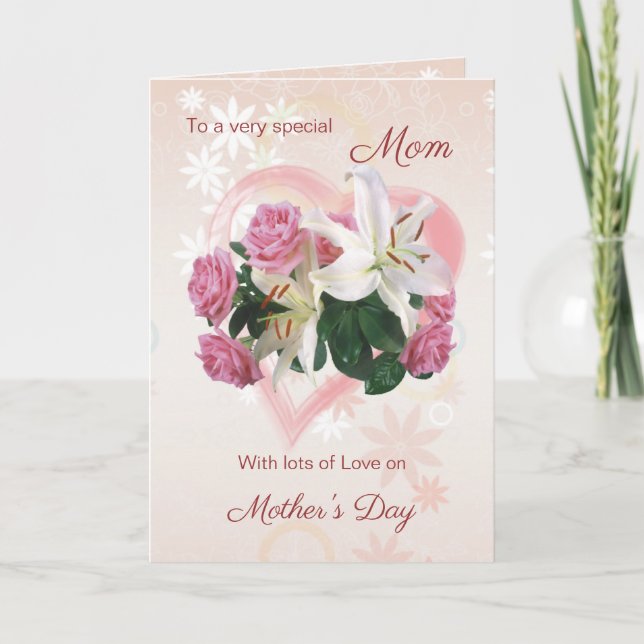 Cartão Mother's Day card for Mom with Rose, Lily & Heart (Frente)