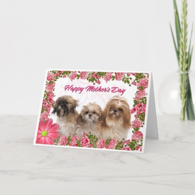Cartão Mother's Day Card - Shih Tzu Dogs - Pink Floral (Frente)
