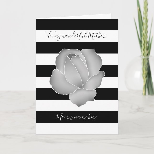 Cartão Mothers Day gray rose and black and white stripes (Frente)
