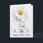 Cartão Mother's Day Little Girl With White Daisy Hair<br><div class="desc">A playful illustration features a simple line drawing of a little girl with rosy cheeks,  holding a tiny flower and a white daisy on her head.
All text can be changed.</div>