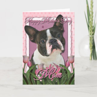 Cartão Mothers Day - Pink Tulips - Boston Terrier