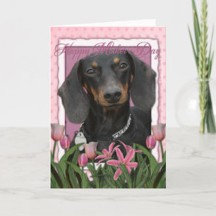 Cartão Mothers Day - Pink Tulips - Dachshund - Winston