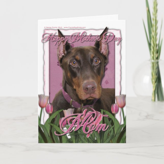Cartão Mothers Day - Pink Tulips - Doberman - Red - Rocky (Frente)