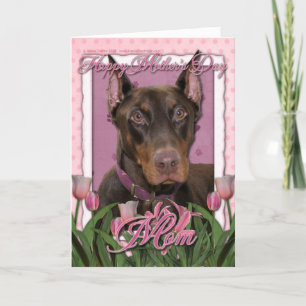 Cartão Mothers Day - Pink Tulips - Doberman - Red - Rocky