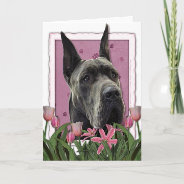 Cartão Mothers Day - Pink Tulips - Great Dane - Grey (Frente)