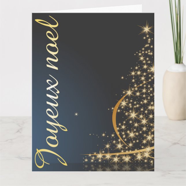 Cartão Motif de Noël bleu avec arbre de Noël doré (Frente)