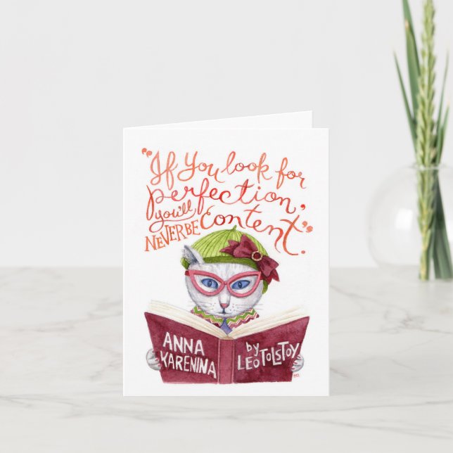 Cartão Motivational Leo Tolstoy Quote Watercolor Cat (Frente)