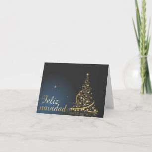 Cartão Motivo natalino azul com árvore de natal dourada.