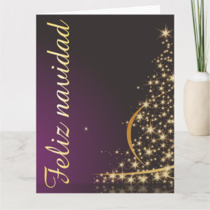 Cartão Motivo natalino roxo com árvore de natal dourada