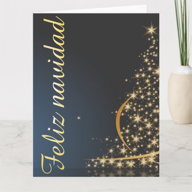 Cartão Motivo navideño azul con dorado árbol de navidad (Frente)