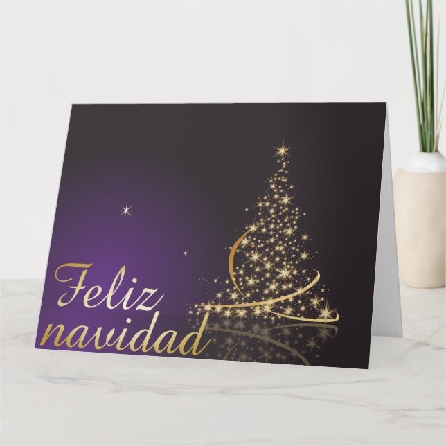 Cartão Motivo navideño morado oscuro con dorado árbol de (Frente)