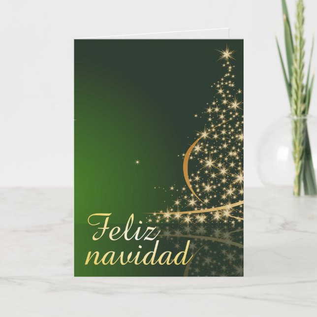 Cartão Motivo navideño verde con arbol de navidad. (Frente)