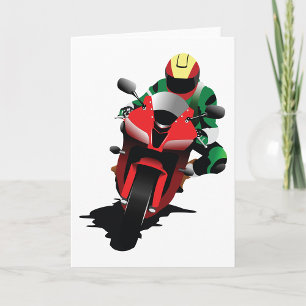 Cartão Motociclista pilotando uma Sportbike Vermelha