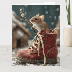 Cartão Mouse Adorável em Inicialização Miniatura na Neve