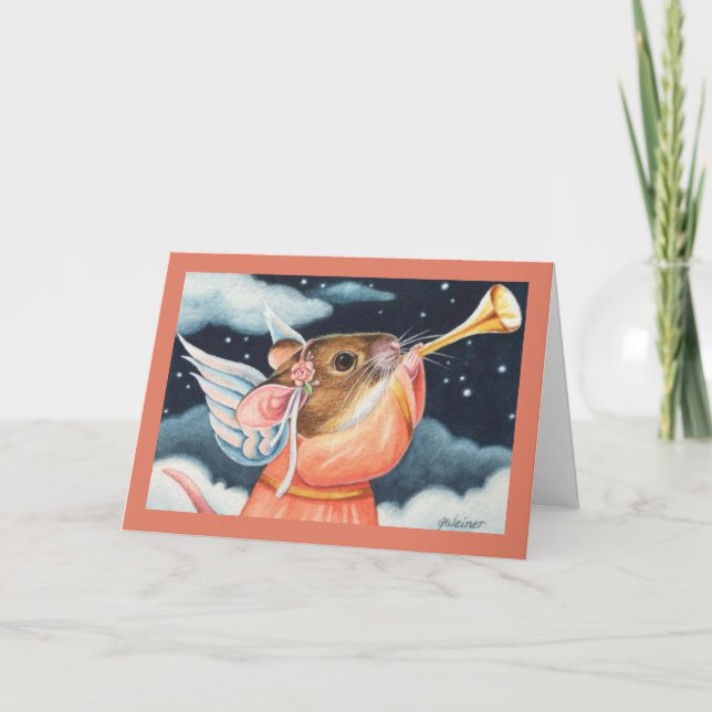 Cartão Mouse Anjo de Natal e Arte Aquática de Trompete (Frente)