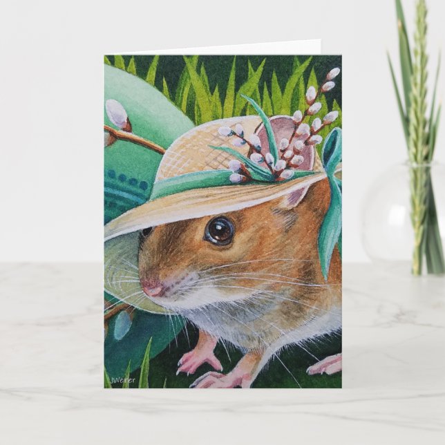 Cartão Mouse in Bonnet Found Green Egg Watercolor Art (Frente)