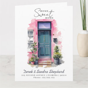 Cartão Movimentamos a Porta de Aquarela rosa-rosa do Novo
