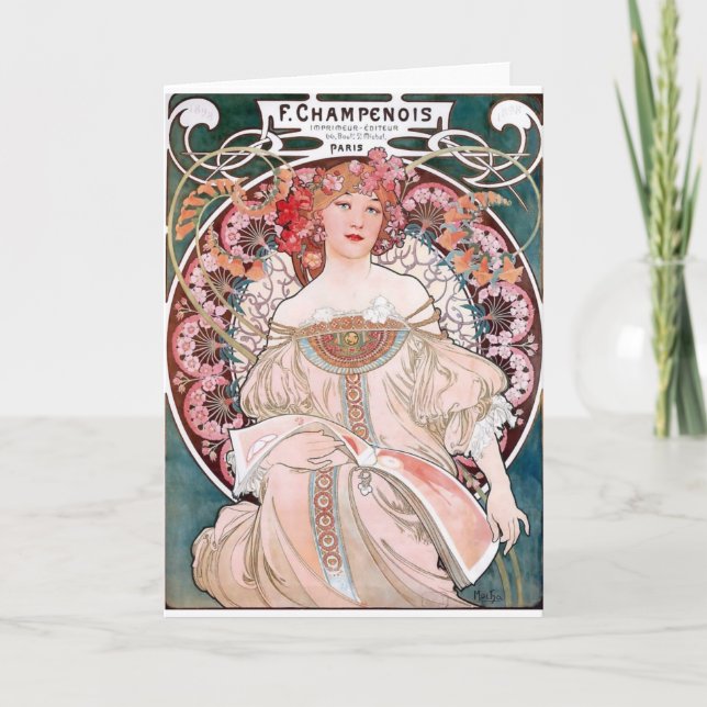 Cartão Mucha Champenois paris pink dress lady art deco (Frente)