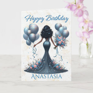 Cartão Mulher africana americana Glamorous Blue Birthday