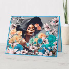 CARTÃO MULHER BELEZA NEGRA FLORES BORBOLETAS TONS CINZA