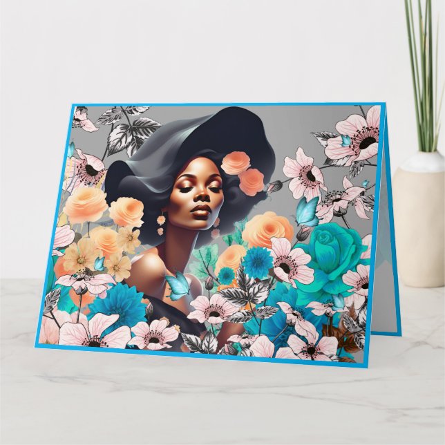 CARTÃO MULHER BELEZA NEGRA GREYTONES FLORES BOTEIRAS (Frente)