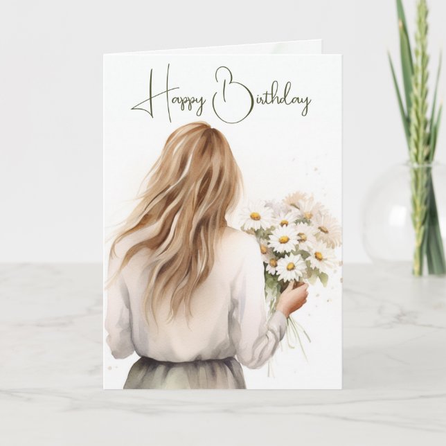 Cartão Mulher Com Buquê de Margaridas Aniversário (Frente)