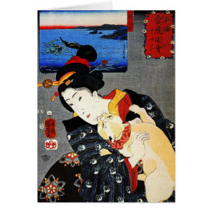 Cartão Mulher com gato - arte japonesa - Utagawa