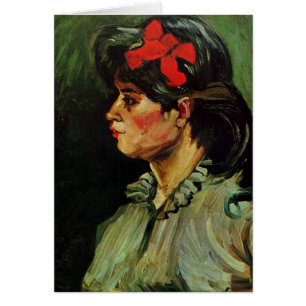 Cartão Mulher com retrato de fita vermelha por Vincent va