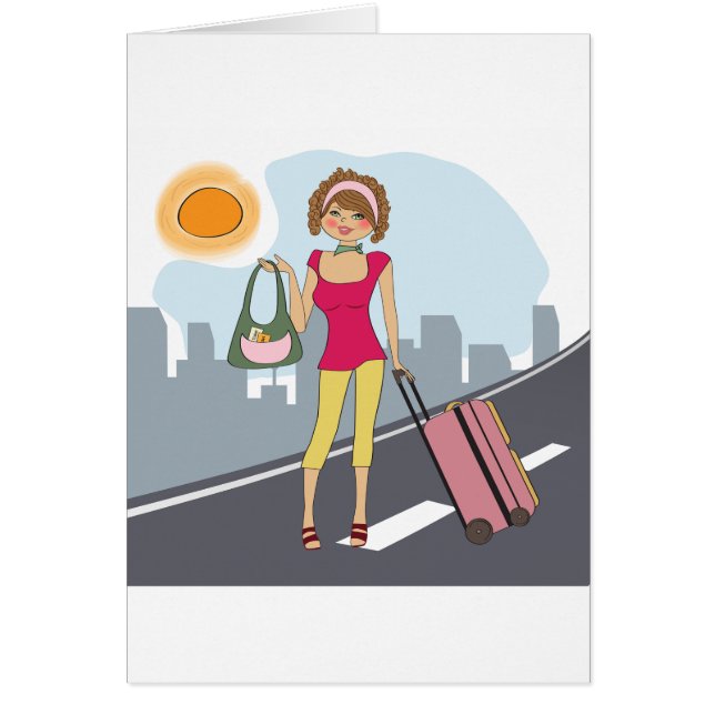 Cartão Mulher com uma mala de viagem (Frente)
