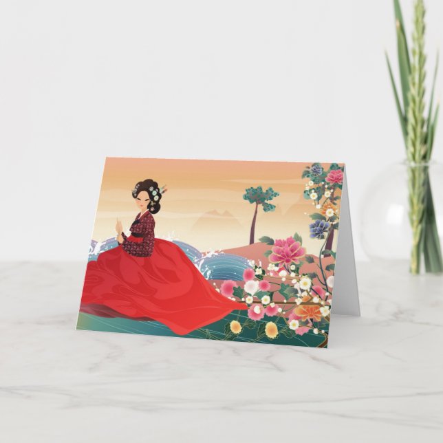 Cartão Mulher coreana vestindo um livro (Frente)