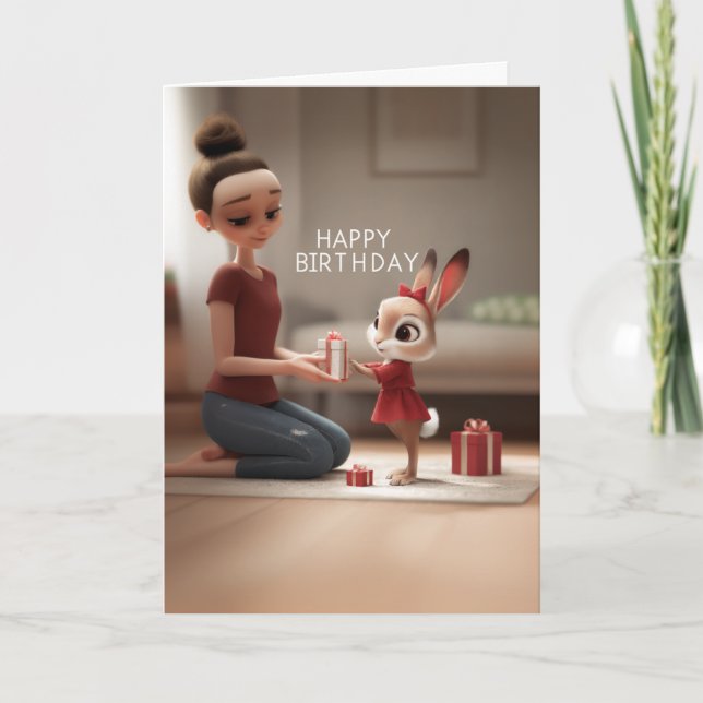 Cartão Mulher Dando Presente de Aniversário ao Coelho de  (Frente)