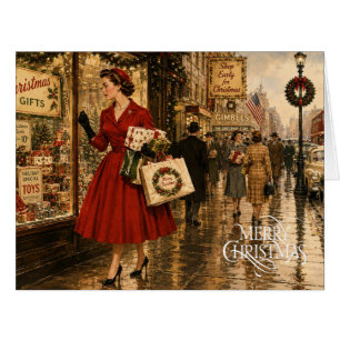 Cartão Mulher de 1950 fazendo compras de Natal