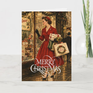 Cartão Mulher de 1950 fazendo compras de Natal