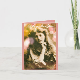 Cartão Mulher de Ano Novo Vintage em Rosa