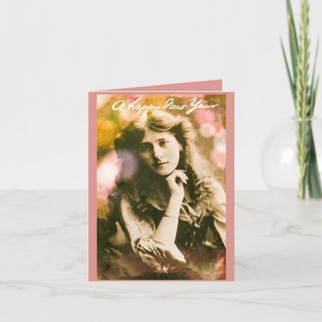 Cartão Mulher de Ano Novo Vintage Rosa (Frente)