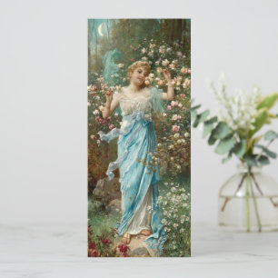 Cartão Mulher de Arte Nouveau em Flores sob Lua Crescente