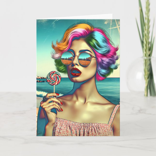 Cartão Mulher de Arte Pop Retro com Pirulito (Frente)