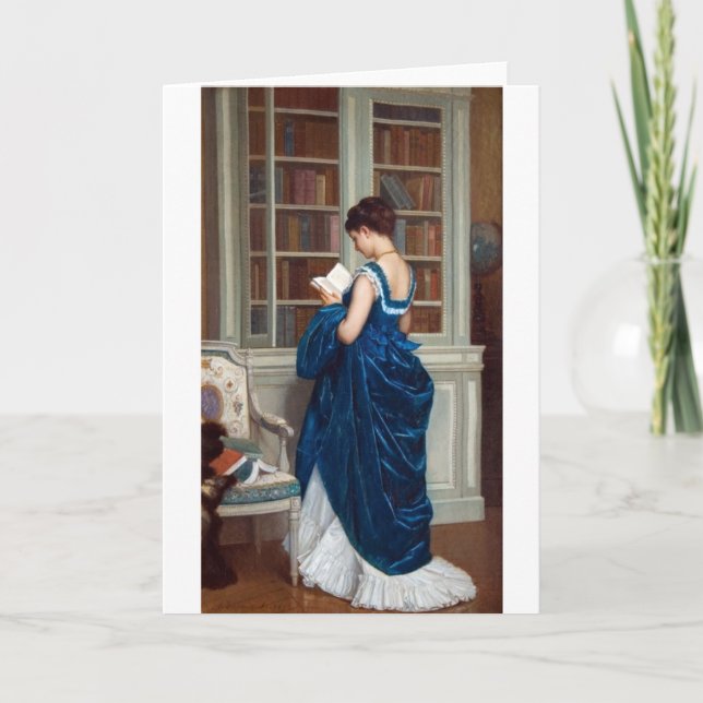 Cartão Mulher de azul, lendo um livro (Frente)