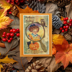 Cartão Mulher de Halloween Vintage, Abóbora e Coruja
