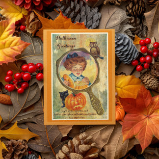 Cartão Mulher de Halloween Vintage, Abóbora e Coruja