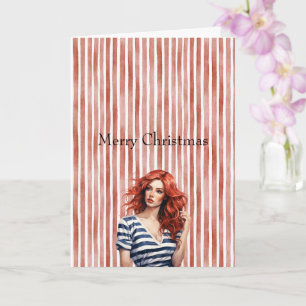 Cartão Mulher de Natal Listras Vermelhas Brancas Cabelo R