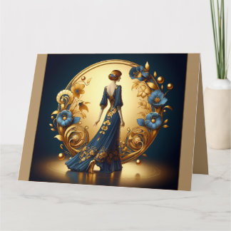 Cartão Mulher Deco Elegante em Dourado e Azul