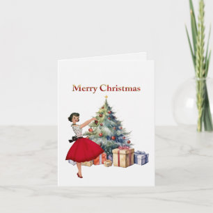 Cartão Mulher do Natal de 1950 com árvore de Natal